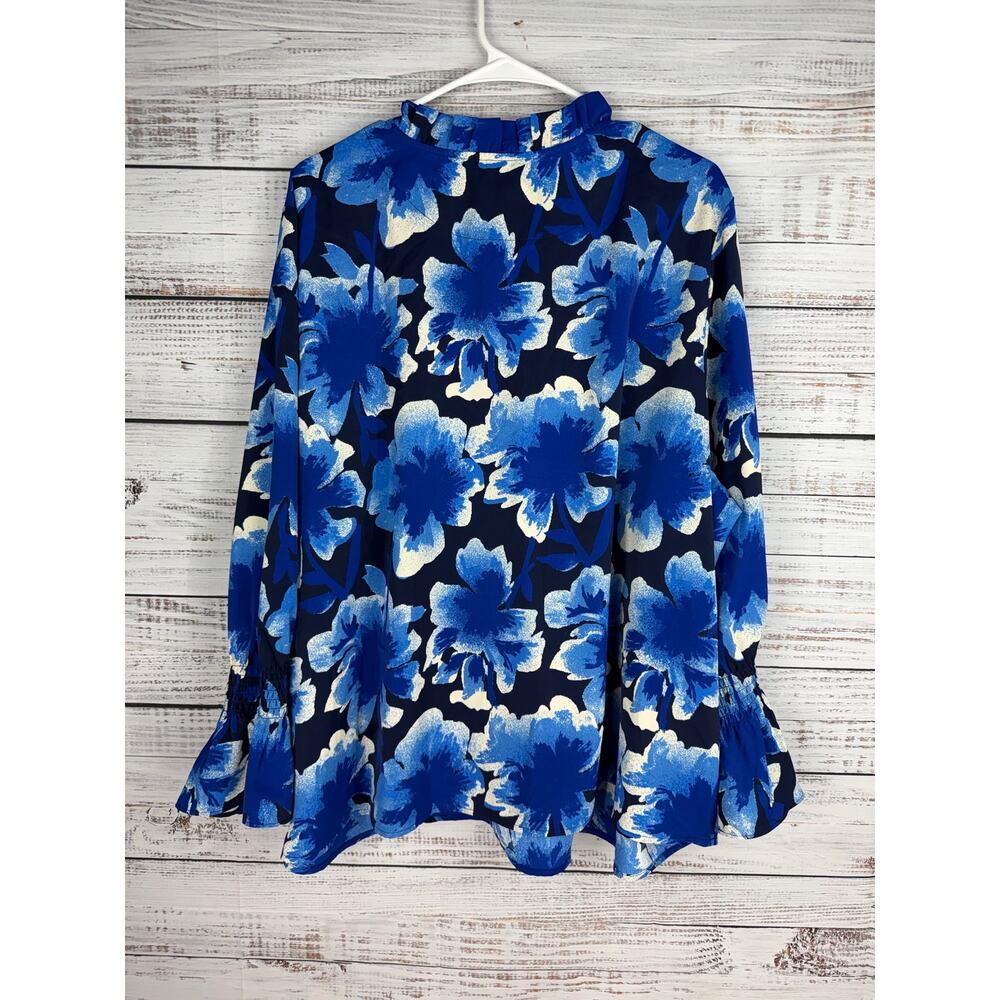 Studio Park Blue Floral Popover Vneck Top 3X Balloon Sleeves Classic Coastal - Picture 7 of 7